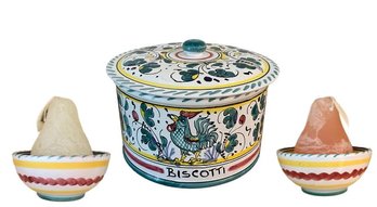 Deruta Italy Biscotti Lidded Cookie Jar, Bowls With Pair Of Vance Kitira Timber Pear Candles