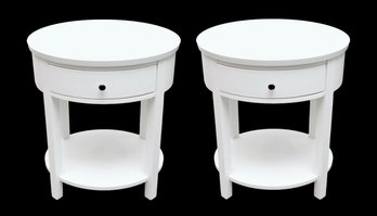 Set Of 2 White Oval Table With One Drawer And Lower Shelf