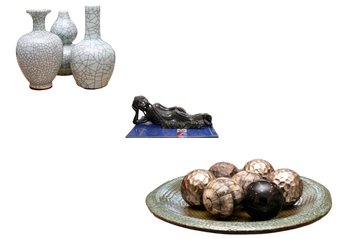 Stunning Trio:  Arhaus Hazel Ceramic Plate, 3 Celadon Craculure Vases And Resin Reclining Buddha,