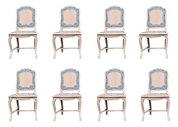 Set Of 8 Charming French Country Side Chairs In Cream And Blue With Trompe L'il Detail