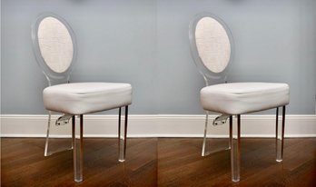 Set Of 2 Acrylic Oval Ballon Back Louis XVl Chairs Crazy Quilt Stitched Fabric Back And Leather Seat