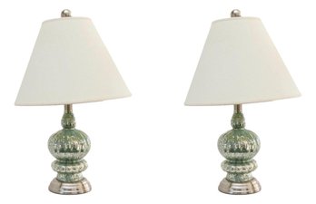 Set Of 2 Teal Lamps With Metallic  Fluted Gords Silver Base