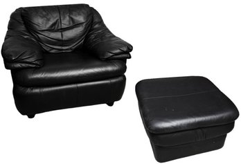 Natale Italian Leather Club Chair With Matching Ottoman - Made In Italy