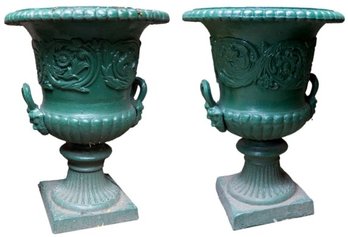 Pair Of Vintage Cast Iron Bell Urn Planters With One Live Plant