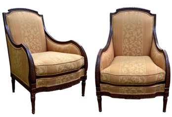 Pair Of Carved Wood Upholstered Wing Chairs