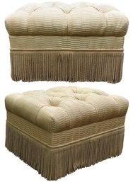 Pair Of Tufted Upholstered Ottomans With Fringe Trim