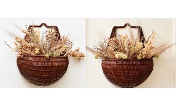 Pair Of Wicker Wall Baskets With Dried Florals