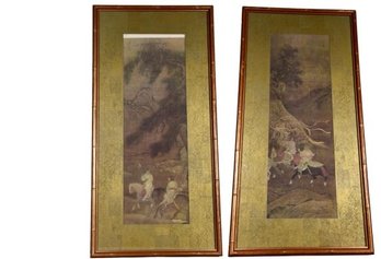 Pair Of Chinese Sung Dynasty 'The Tribute Horse' Framed Diptych Prints (1 Of 2)