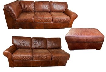 L-Shaped Distressed Leather Sectional Three Cushion Sofa With Matching Ottoman (rEAD DESCRIPTION)