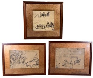 Set Of Three Framed Antique Prints Of Drawings