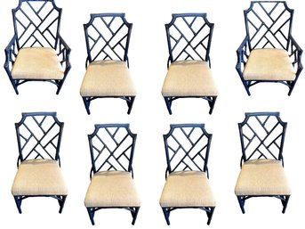 Set 8 Custom Heath & Company Rattan Dining Chairs In Deep Navy