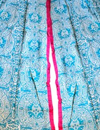 Fabulous Pair Of Quadrille 'Veneto'Batik Style Medallion Print Linen Curtain Panels With Ruffled Pink Trim