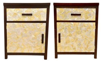 Pair Of Matahati Solid Reclaimed Teak Wood Night Stands Covered In Coconut Mosaic