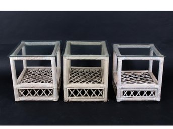 Rattan & Pencil Reed Glass Topped Side Tables