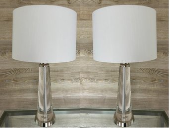 Pair Of Tapered Column Glass Lamps