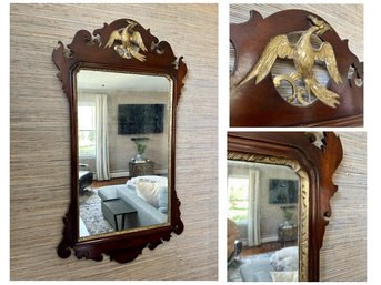 English Antique Chippendale Carved Mahogany Mirror With Gilt Phoenix C. 1760