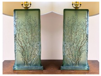 Pair Of Frosted Green Acrylic Lamps With Organic Carved Motif