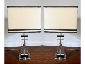 Pair Of Glass Tuxedo Shade Lamps