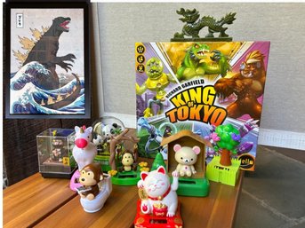 Assorted Solar Waving Figurines With NEW King Kong Game And Full Size Framed Godzilla Poster