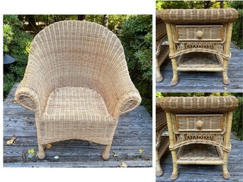 Vintage Wicker Grouping - Chair And Pair Of Side Tables With Glass Inset