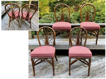 Set Of 4 Rattan Chairs With Plaid Seats - Excellent Condition