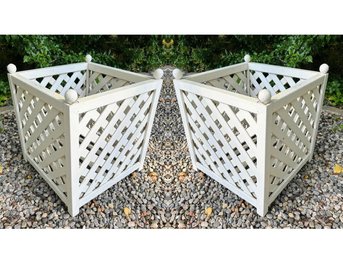 Pair Of White Wood Lattice Planters