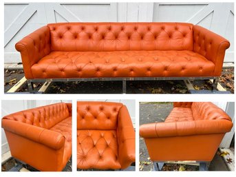 True Vintage Tufted Orange Leather Sofa On Chrome Legs