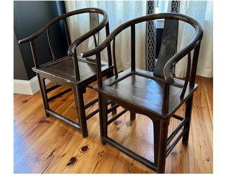 Pair Of 19 Century Elm Horseshoe  Chinese Chairs