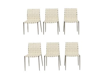 Set Of 6 Interlude Home Logan White Leather Woven Strap Dining Chairs