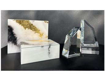 Decorative Boxes And Thick Glass Bookends