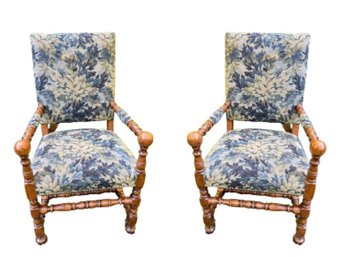 Pair Louis XIV Style Armchairs With Turned Detail  And Tapestry Upholstery