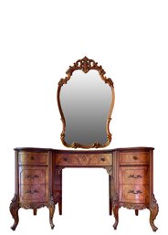 Italian Marquetry Burled Walnut Vaneer Vanity With Mirror And Bench