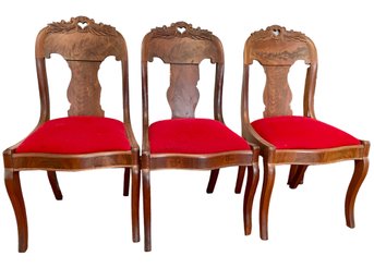 Trio Of Antique Victorian Chairs With Read Velvet Seats.