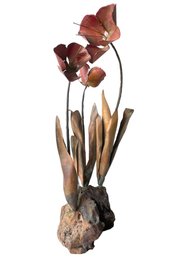 Mid-century Modern MCM Copper And Wood Burrell Flower Sculpture. 26' Tall