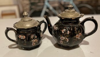 Victorian Mourning Black Painted Tea Pot And Sugar