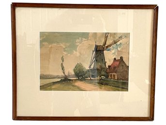 Vintage Framed Watercolor  Of A Wind Mill Appears To Be Unsigned.  (#18)