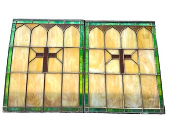 Pair Of Antique Stained Glass Windows  With Crosses. Unframed.