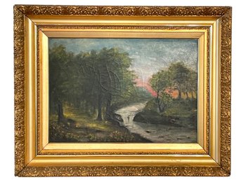 Antique Oil On Canvas Featuring A Landscape Of A River Running Between The Trees, Appears To Be Unsigned(B-26)