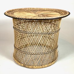 Vintage Circular Wicker Table With Cylinder Base