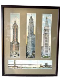 Framed And Matted , 4 Vintage Folding Post Card Of NYC Notable Structures.