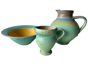 Trio Of Contemporary Studio Pottery Serving Pieces. Two Pitchers And A Bowl.