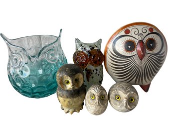 Collection Of Owls, Glass, Stone And Pottery.