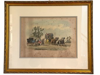 Antique Framed Color Print Of A Coaching Scene. (B-23)