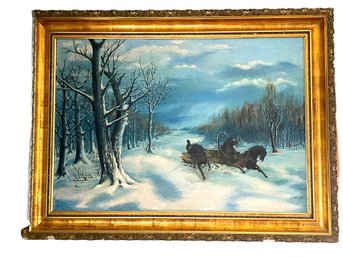 Vintage/antique Oil On Canvas Featuring A Horses Drawn Sleigh .