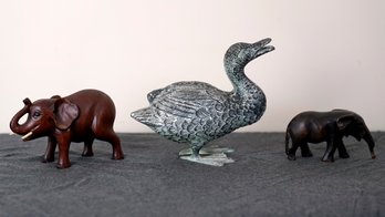 Bronze Duck And Carved Wooden Elephants