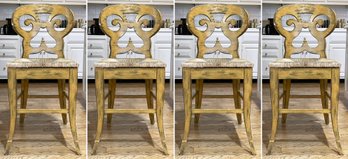 A Set Of 4 Vintage Rush Seated Bar Stools With Faux Painted Finish