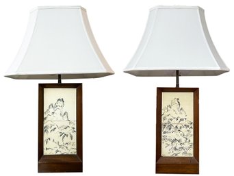 A Pair Of Mid Century Lamps With Hand Painted Tile Details In Chinoiserie Style By Gertrude Trent