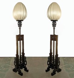 A Pair Of Magnificent Vintage Asian Rose Wood Floor Lamps With Silk Shades