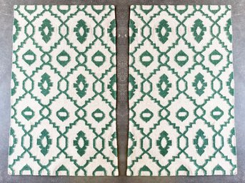 Pair Of Woolen Area Rugs, Green Pattern