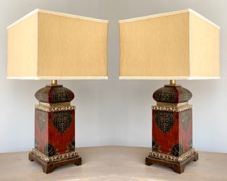 A Pair Of Modern Large Painted Metal Chinoiserie Lamps With Silk Shades